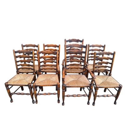 Set of 8 Vintage Country Ladderback Dining Chairs – Rush Seats, 2 Carvers
