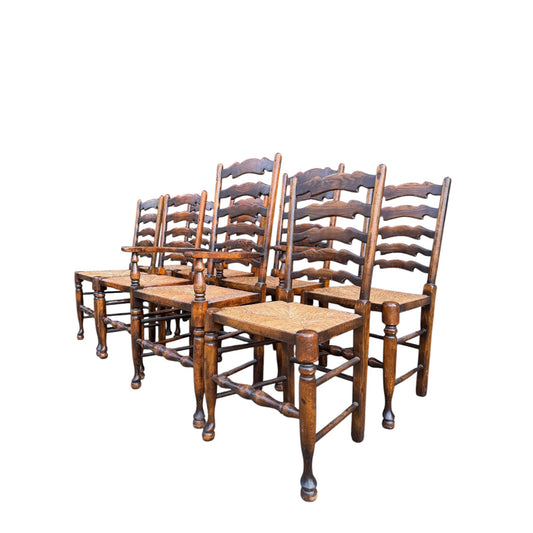 Set of 8 Vintage Country Ladderback Dining Chairs – Rush Seats, 2 Carvers