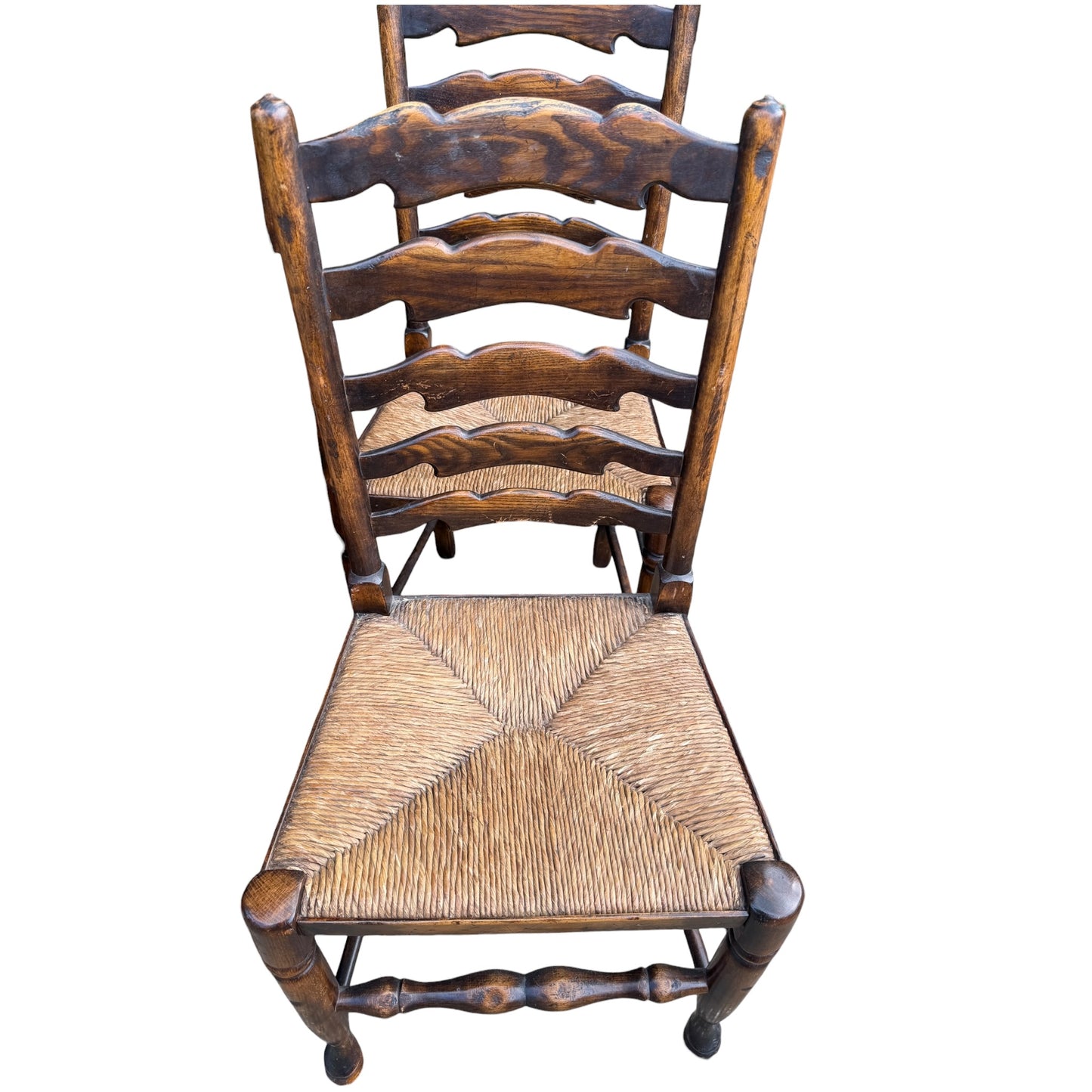 Set of 8 Vintage Country Ladderback Dining Chairs – Rush Seats, 2 Carvers