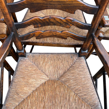Set of 8 Vintage Country Ladderback Dining Chairs – Rush Seats, 2 Carvers