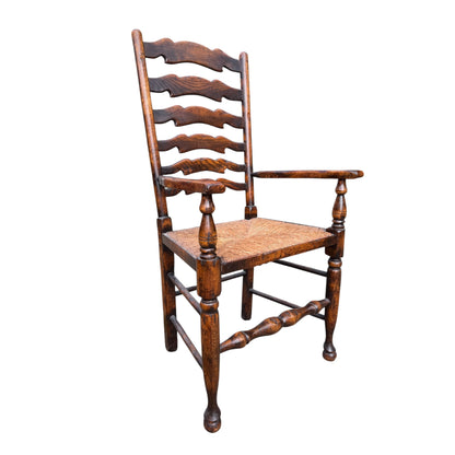 Set of 8 Vintage Country Ladderback Dining Chairs – Rush Seats, 2 Carvers