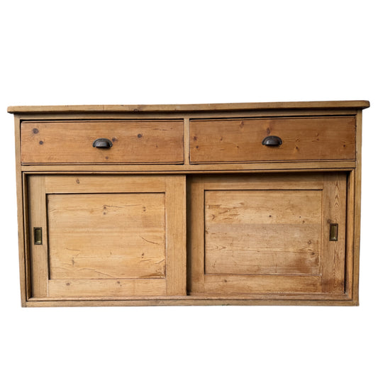 Antique Pine Sliding Door Sideboard / Low Cupboard / TV Unit