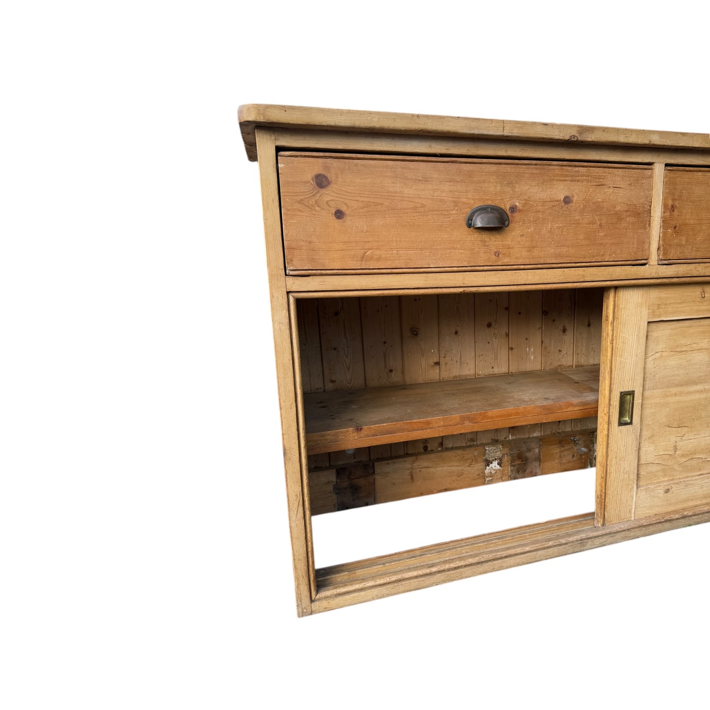 Antique Pine Sliding Door Sideboard / Low Cupboard / TV Unit