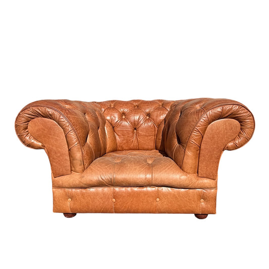 Vintage Tan Leather Chesterfield Armchair / Deep Buttoned Club Chair / Cigar Chair
