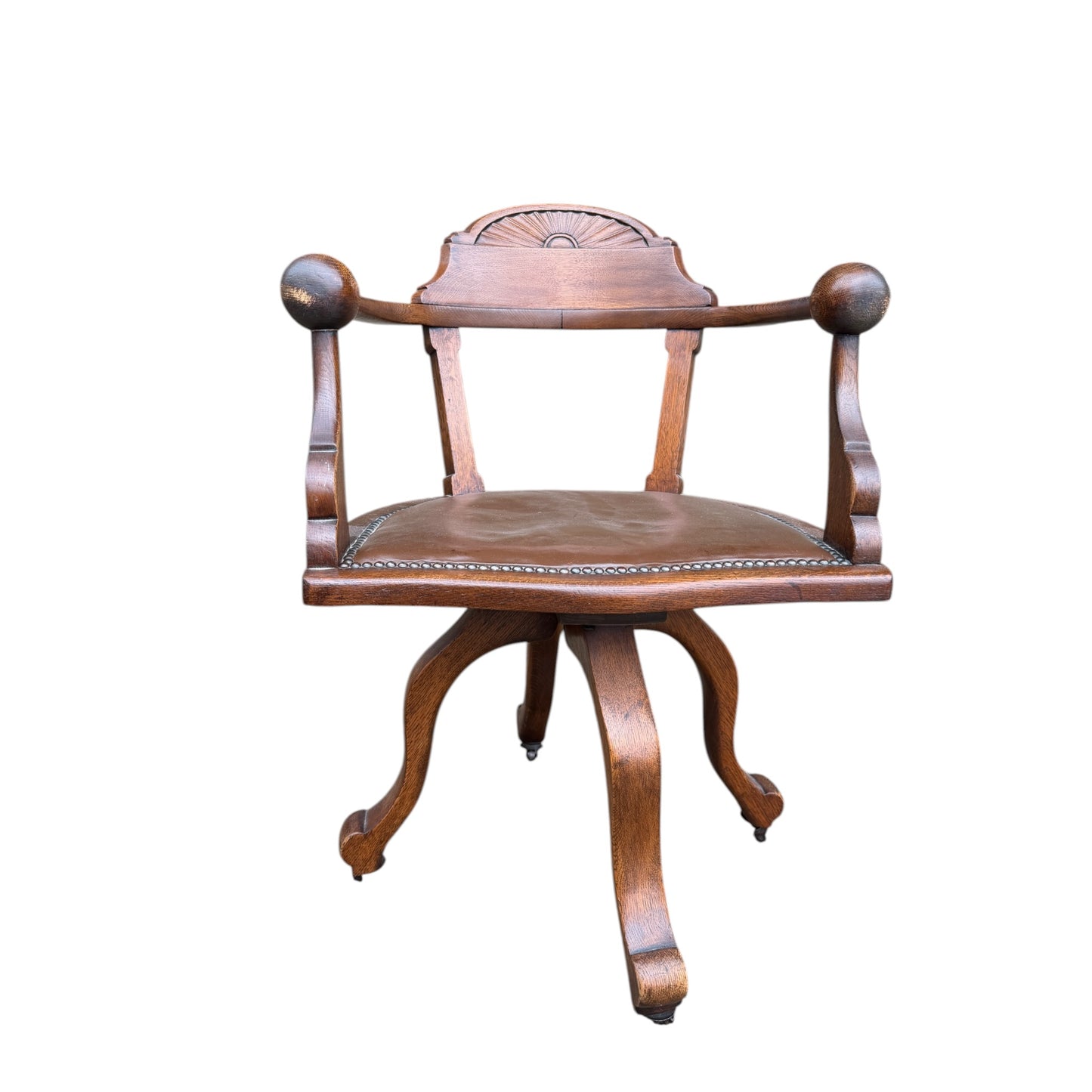 19th Century English Victorian Mahogany Revolving Desk Office Chair with Ball Arms