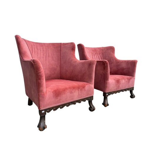 Pair 1930s Armchairs - Rose Velvet Carved Gothic Style Club Chairs