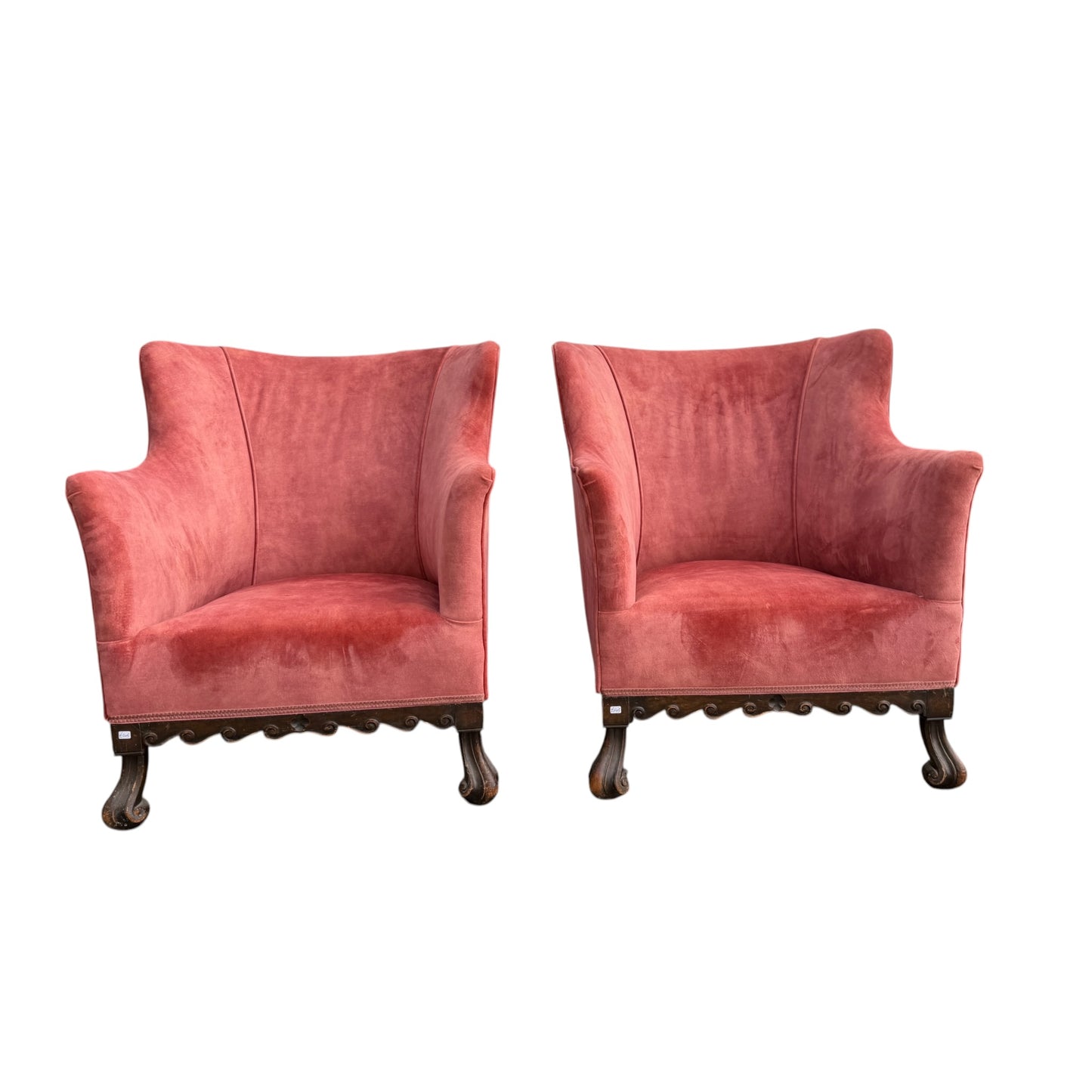 Pair 1930s Armchairs - Rose Velvet Carved Gothic Style Club Chairs