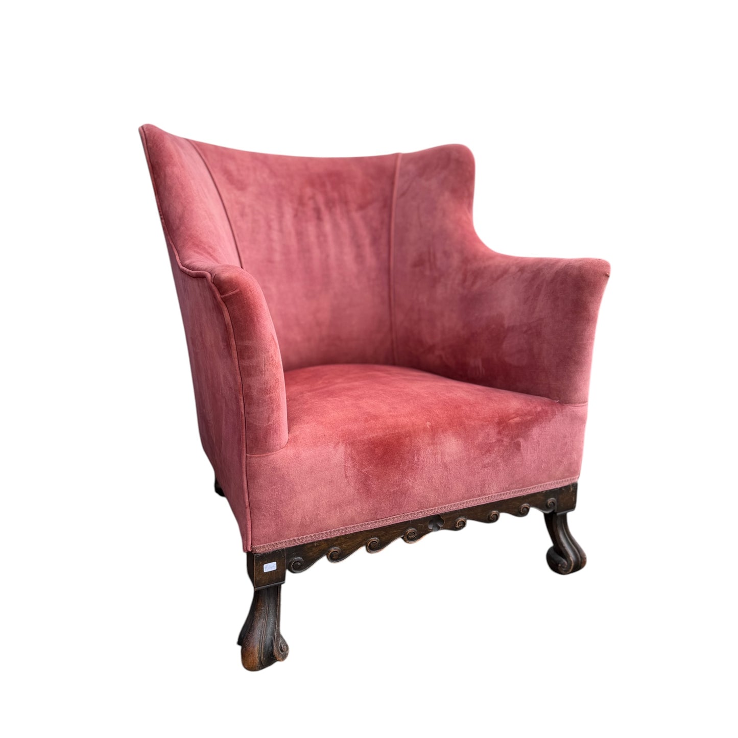 Pair 1930s Armchairs - Rose Velvet Carved Gothic Style Club Chairs