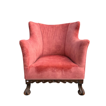 Pair 1930s Armchairs - Rose Velvet Carved Gothic Style Club Chairs