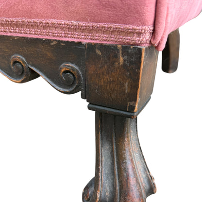 Pair 1930s Armchairs - Rose Velvet Carved Gothic Style Club Chairs