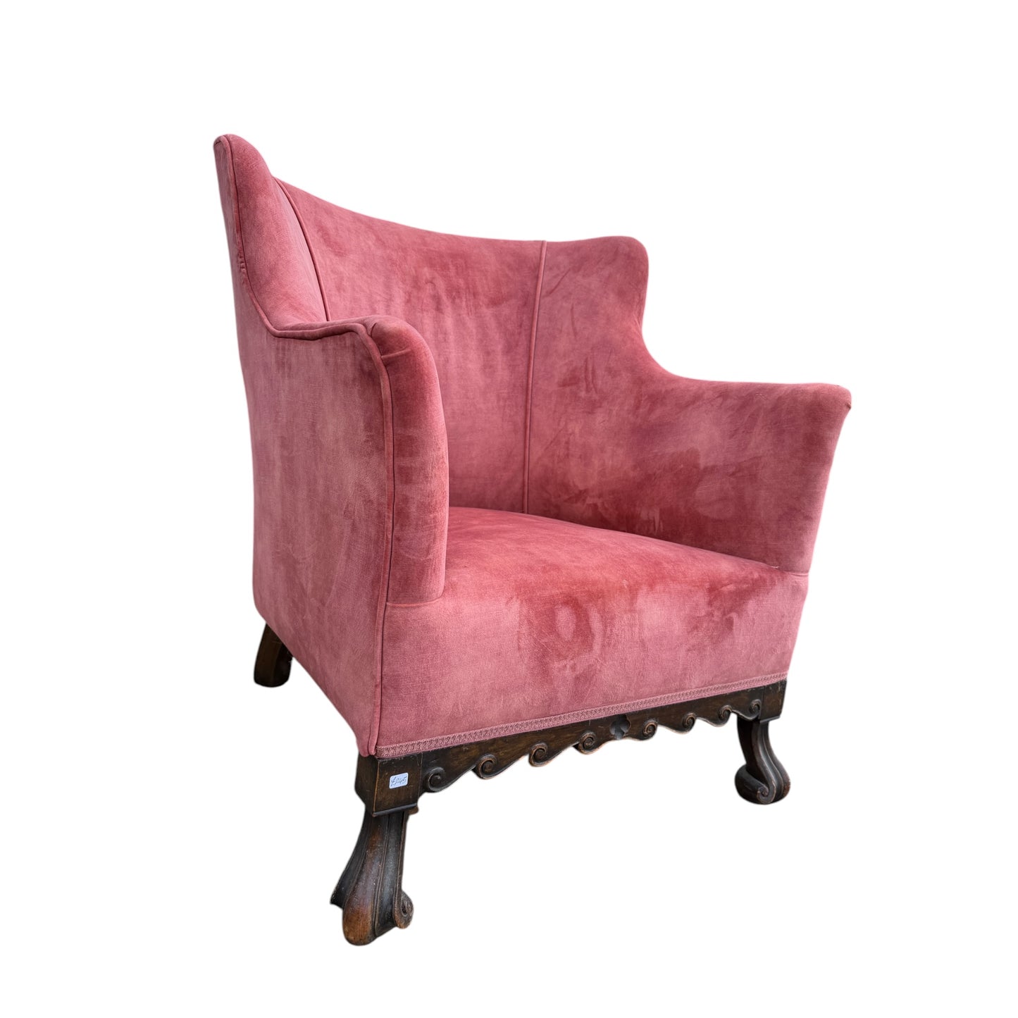 Pair 1930s Armchairs - Rose Velvet Carved Gothic Style Club Chairs