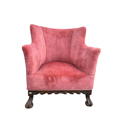 Pair 1930s Armchairs - Rose Velvet Carved Gothic Style Club Chairs