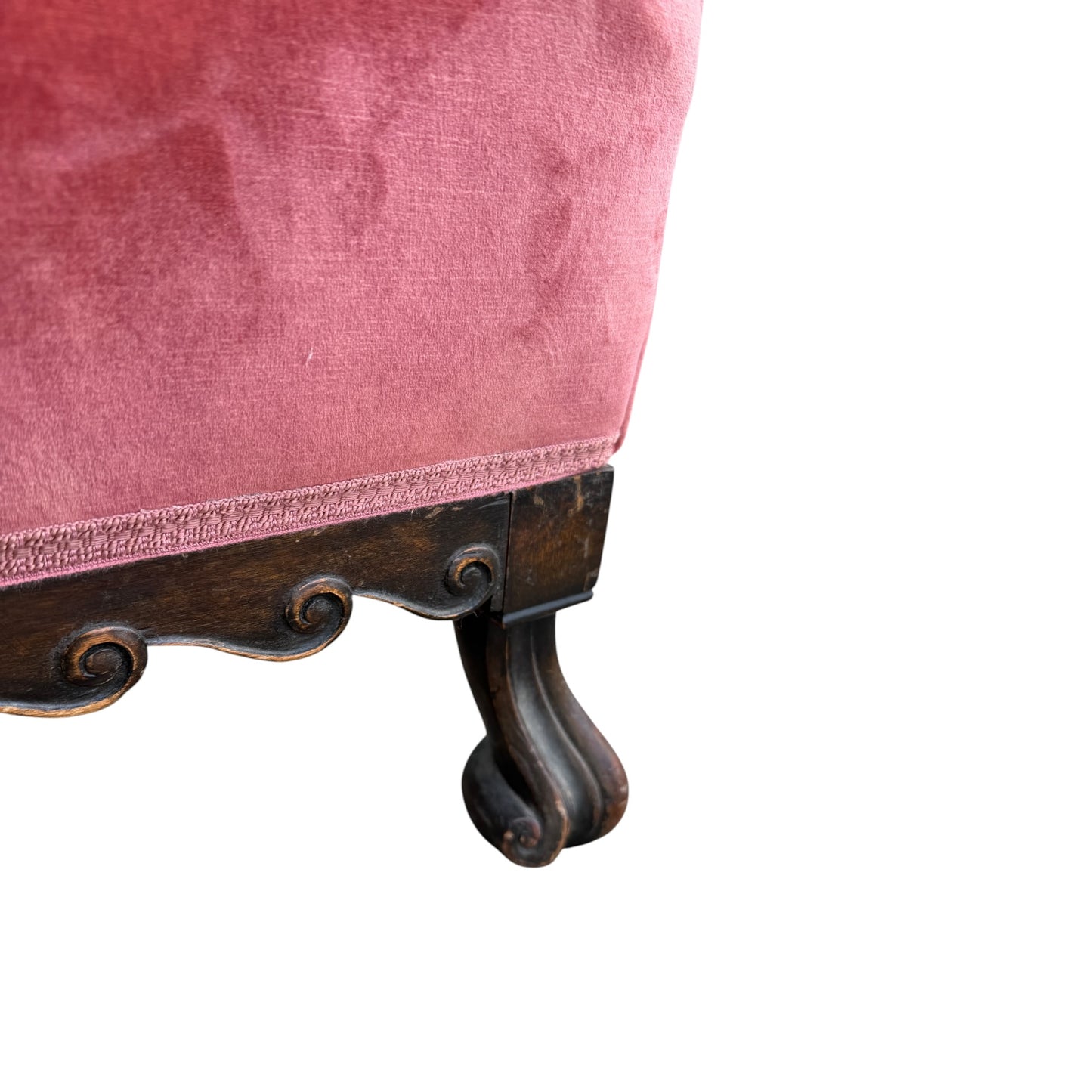 Pair 1930s Armchairs - Rose Velvet Carved Gothic Style Club Chairs