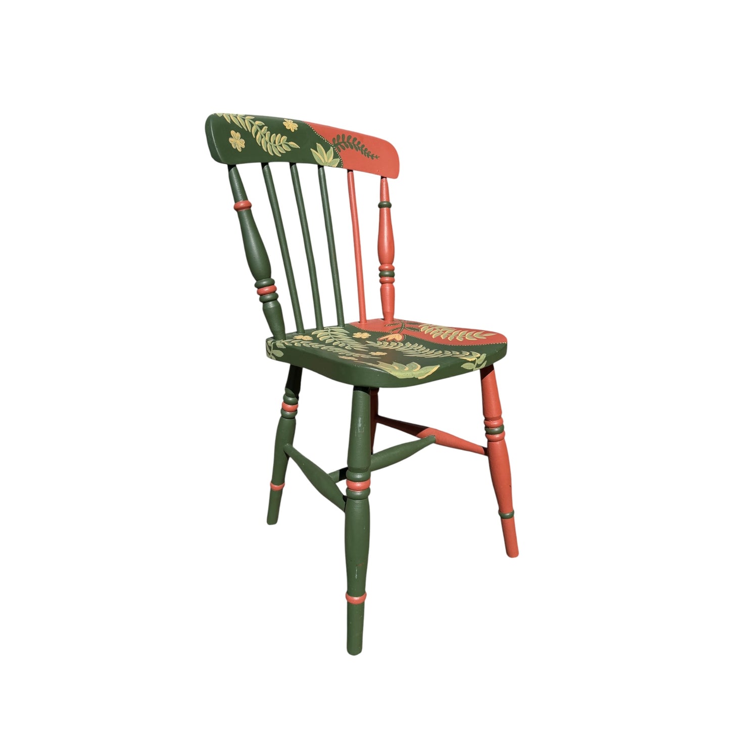 Hand Painted Vintage Spindle Chair - Folk Art Botanical Kitchen Dining Chair