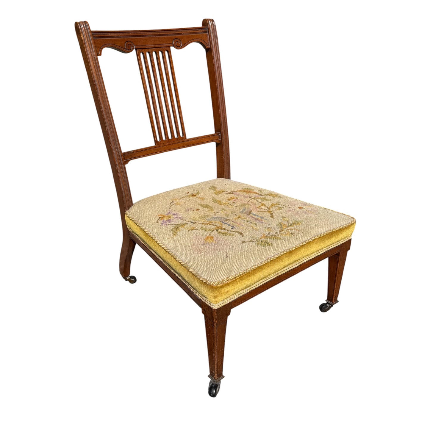Antique Victorian Mahogany Nursing Chair - Spindle Back Tapestry Bedroom Chair