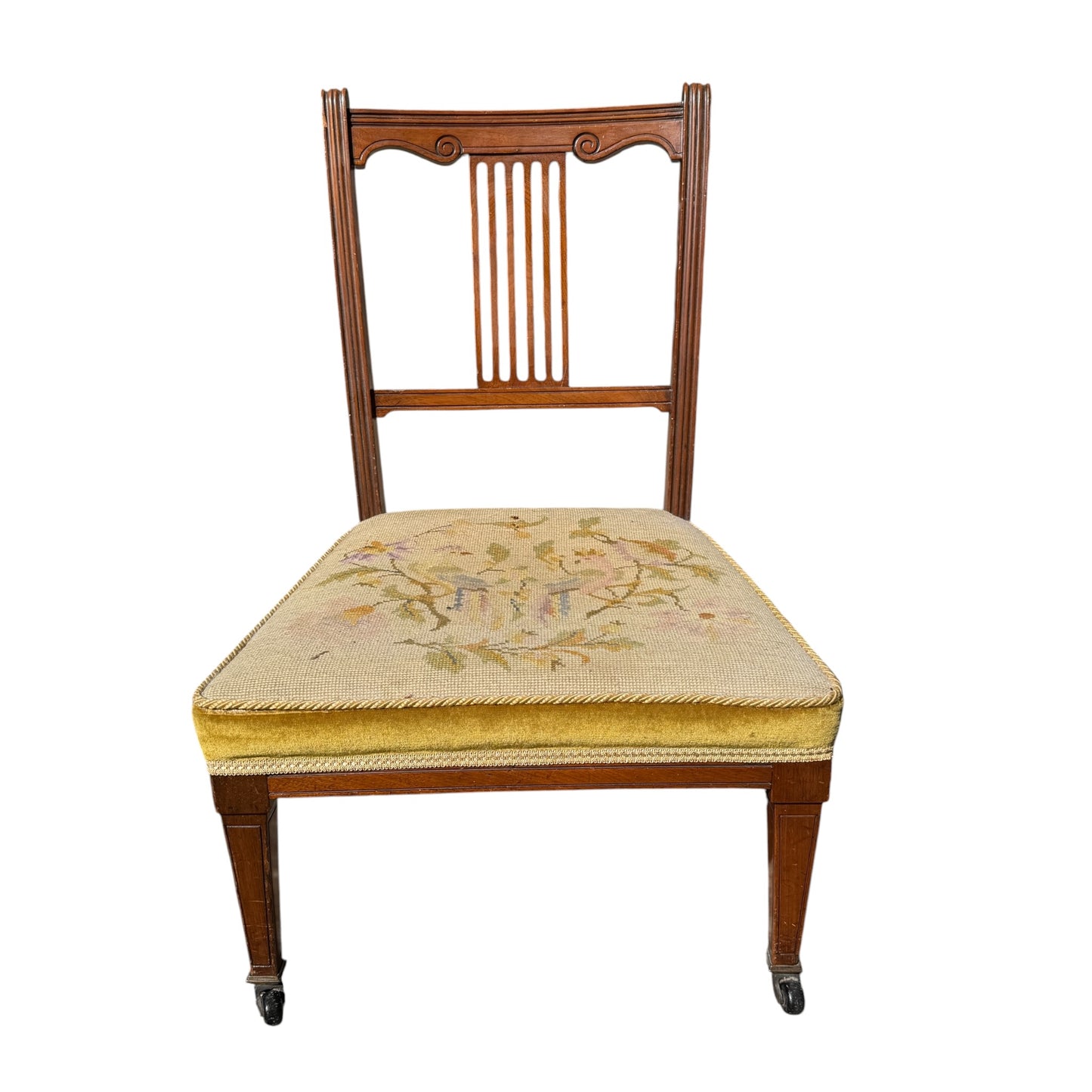 Antique Victorian Mahogany Nursing Chair - Spindle Back Tapestry Bedroom Chair