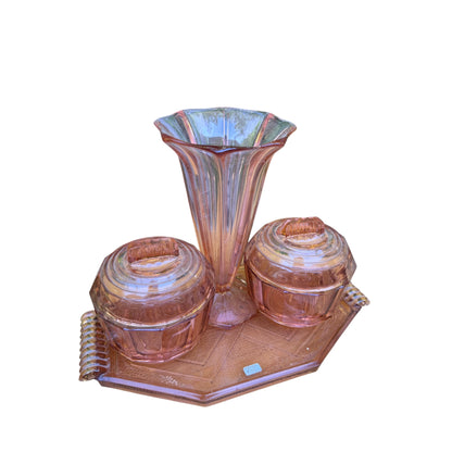 Vintage Art Deco Style Pink Glass Dressing Table Set - Tray Vase & Trinket Pots