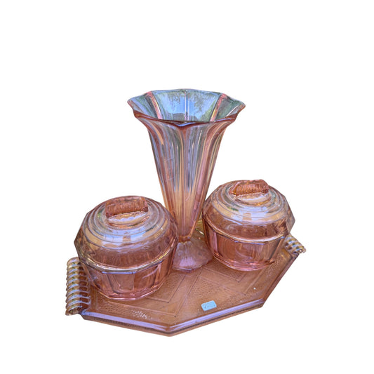Vintage Art Deco Style Pink Glass Dressing Table Set - Tray Vase & Trinket Pots