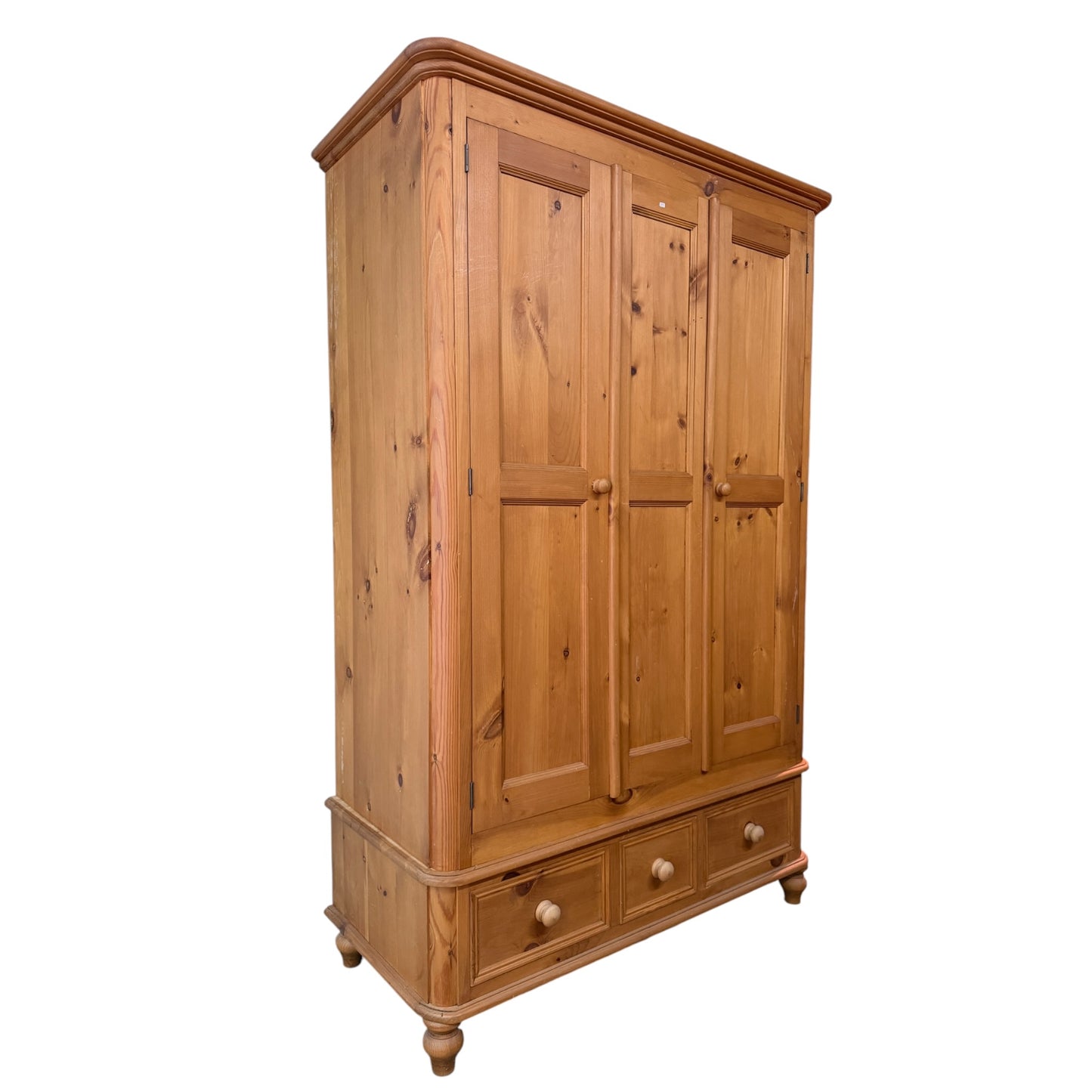 Solid Waxed Pine Double Wardrobe - 2 Door Bedroom Armoire with 3 Drawers 126cm