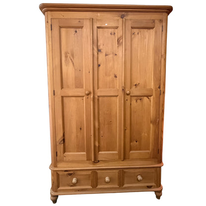 Solid Waxed Pine Double Wardrobe - 2 Door Bedroom Armoire with 3 Drawers 126cm