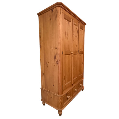 Solid Waxed Pine Double Wardrobe - 2 Door Bedroom Armoire with 3 Drawers 126cm