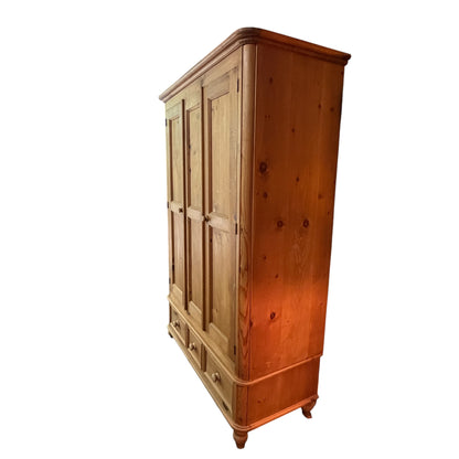 Solid Waxed Pine Double Wardrobe - 2 Door Bedroom Armoire with 3 Drawers 126cm