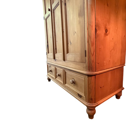 Solid Waxed Pine Double Wardrobe - 2 Door Bedroom Armoire with 3 Drawers 126cm