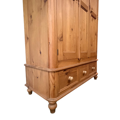 Solid Waxed Pine Double Wardrobe - 2 Door Bedroom Armoire with 3 Drawers 126cm