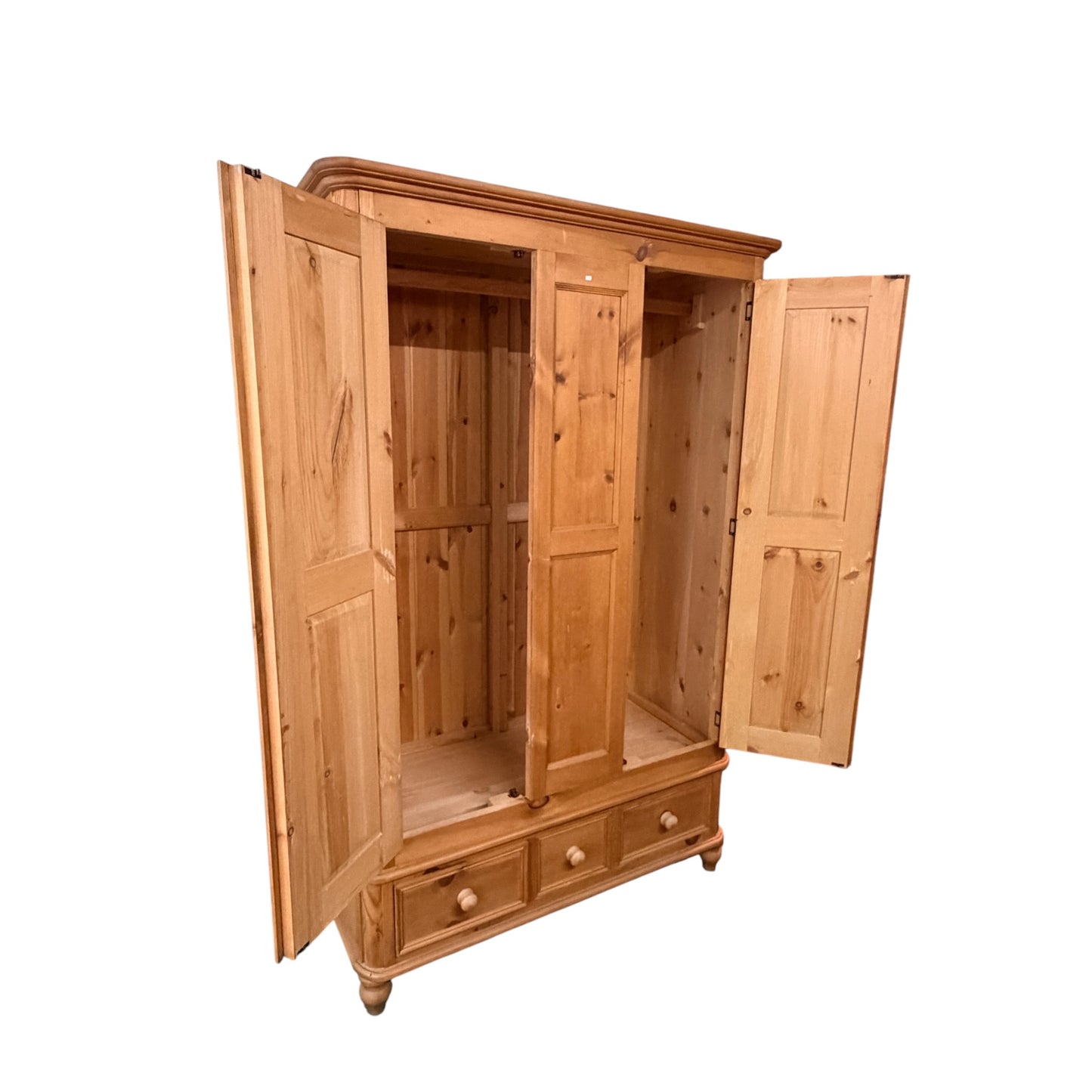 Solid Waxed Pine Double Wardrobe - 2 Door Bedroom Armoire with 3 Drawers 126cm