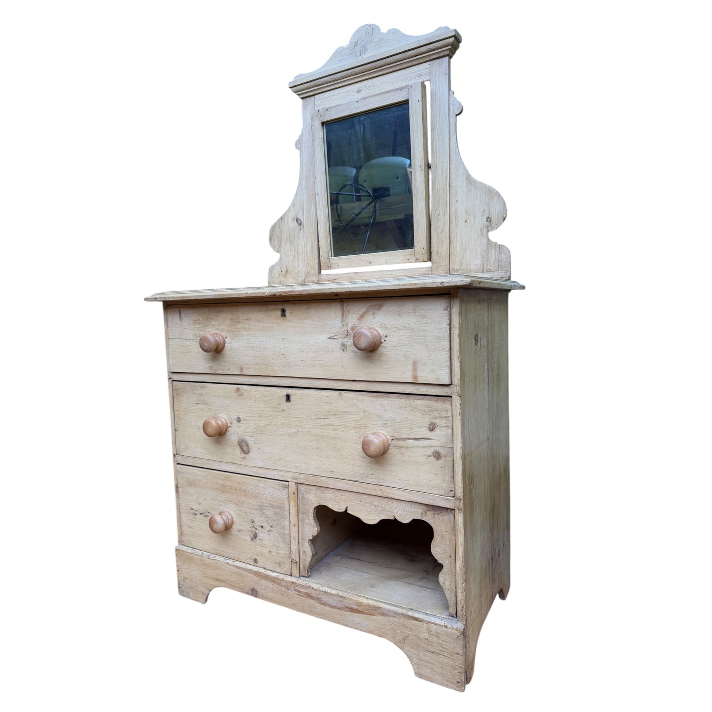 Antique Pine Washstand with Tilt Mirror – Rustic Victorian Dressing Chest / Pot Cupboard Base