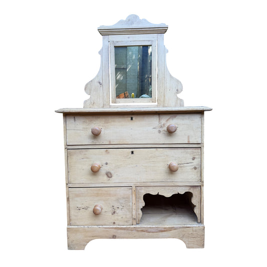 Antique Pine Washstand with Tilt Mirror – Rustic Victorian Dressing Chest / Pot Cupboard Base
