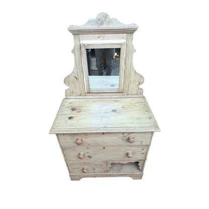 Antique Pine Washstand with Tilt Mirror – Rustic Victorian Dressing Chest / Pot Cupboard Base