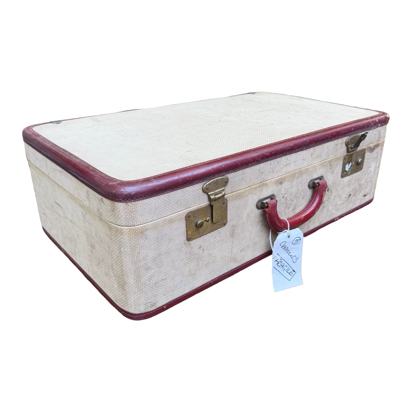 Vintage Victor Luggage Suitcase - Retro Cream & Burgundy Prop Travel Case