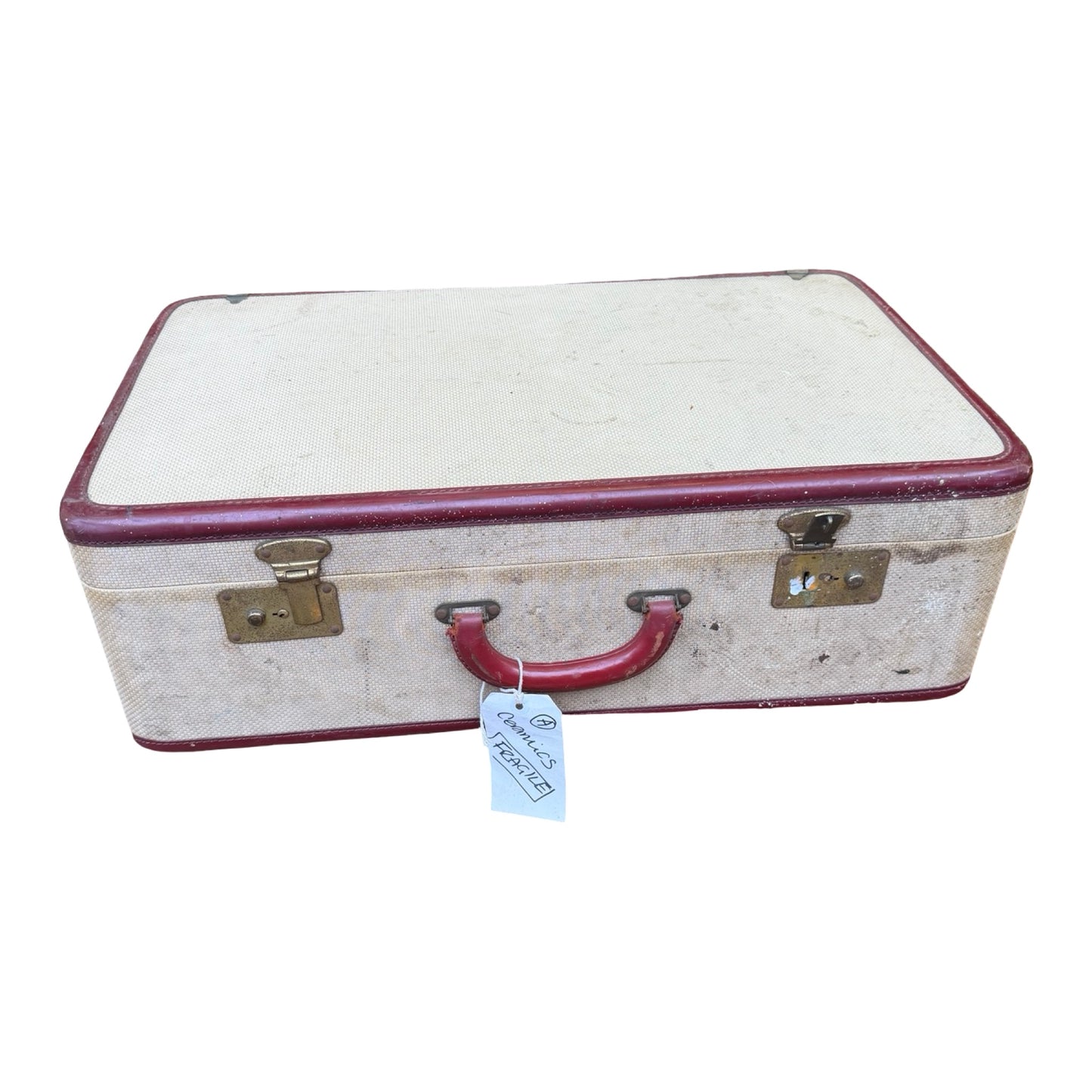 Vintage Victor Luggage Suitcase - Retro Cream & Burgundy Prop Travel Case