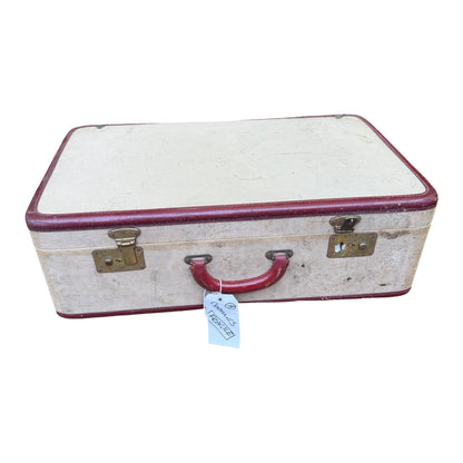 Vintage Victor Luggage Suitcase - Retro Cream & Burgundy Prop Travel Case