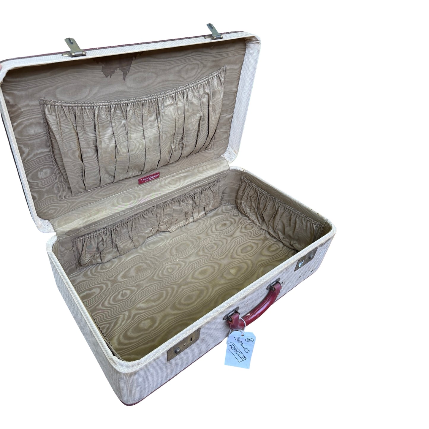 Vintage Victor Luggage Suitcase - Retro Cream & Burgundy Prop Travel Case