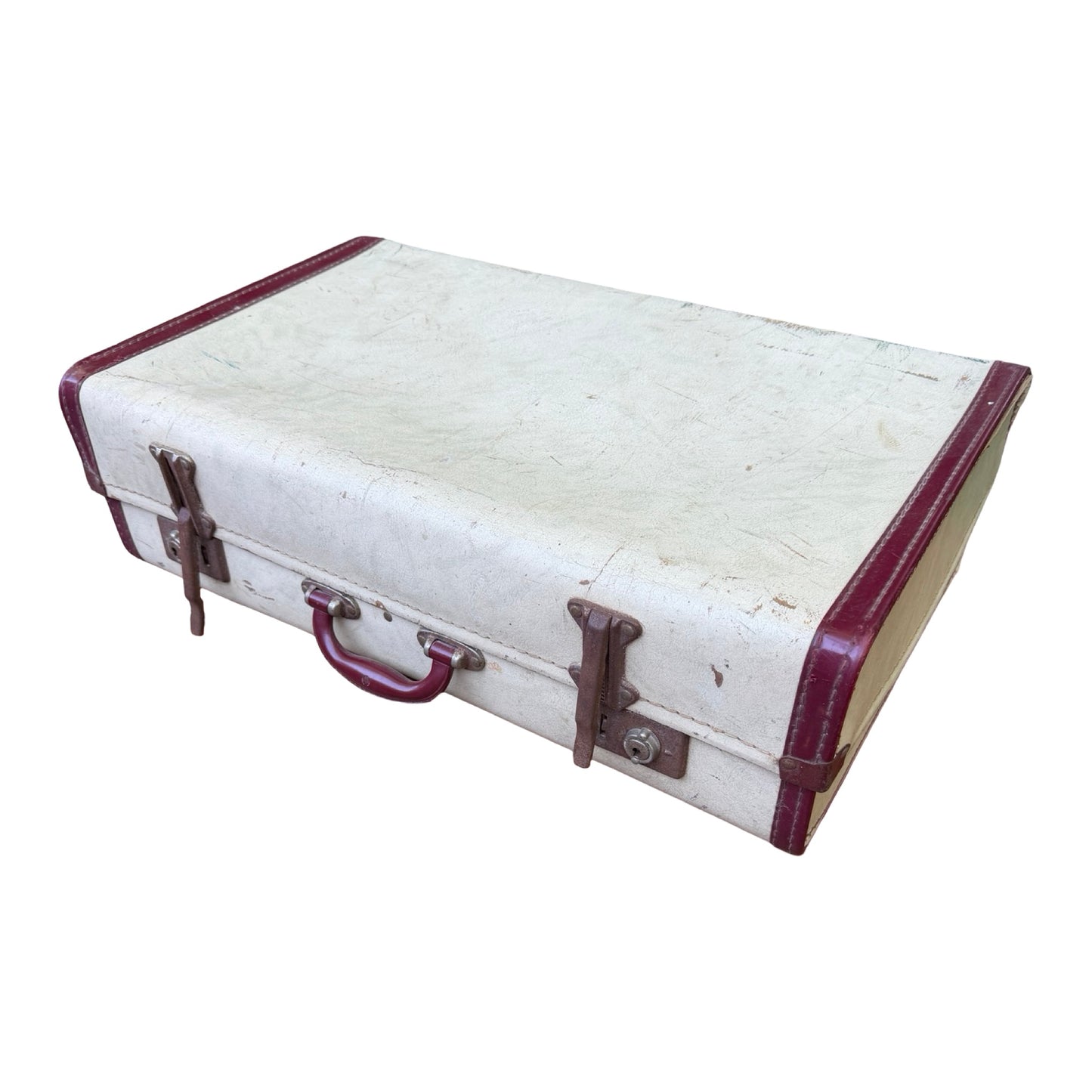 Vintage Retro Suitcase - Cream & Burgundy Hard Shell Prop Travel Case 66cm