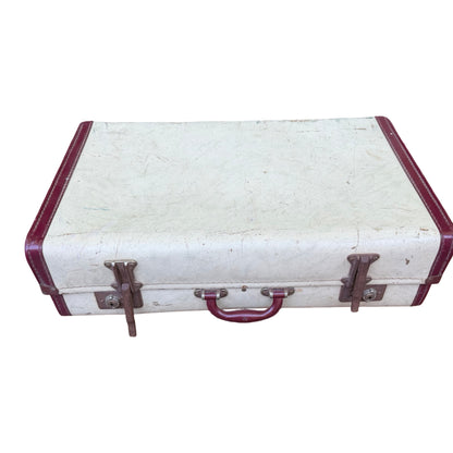 Vintage Retro Suitcase - Cream & Burgundy Hard Shell Prop Travel Case 66cm