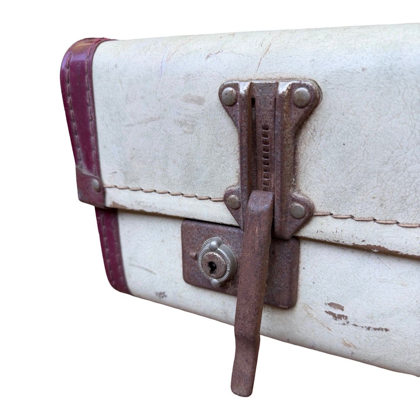 Vintage Retro Suitcase - Cream & Burgundy Hard Shell Prop Travel Case 66cm