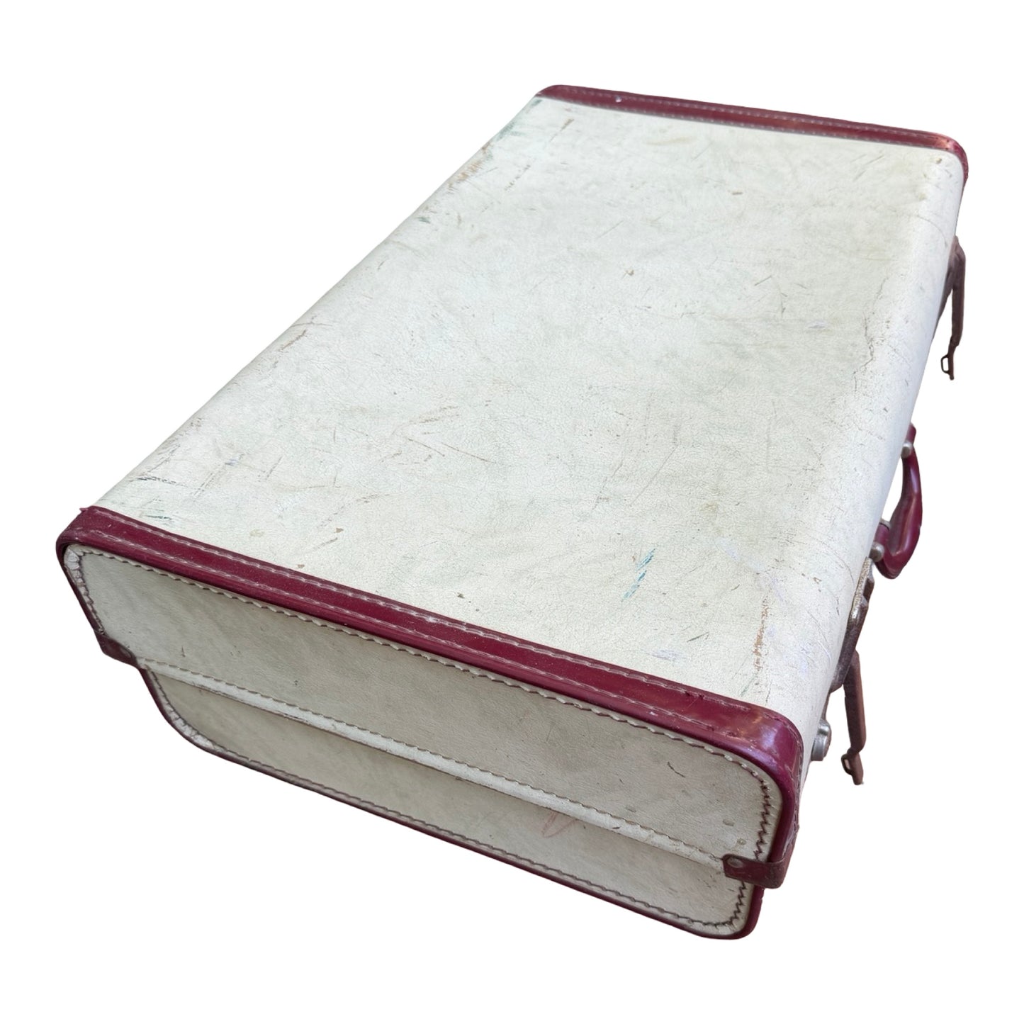 Vintage Retro Suitcase - Cream & Burgundy Hard Shell Prop Travel Case 66cm