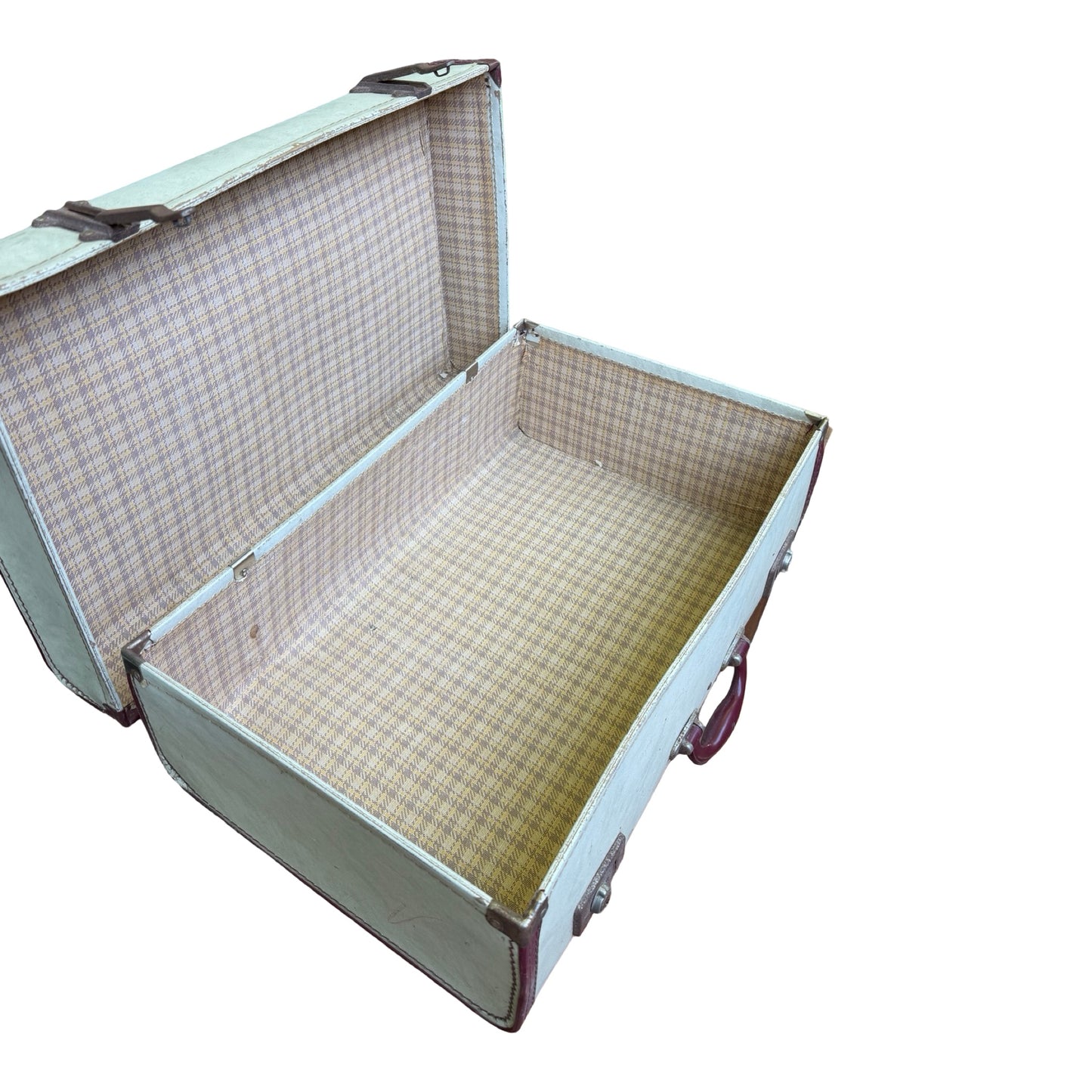 Vintage Retro Suitcase - Cream & Burgundy Hard Shell Prop Travel Case 66cm