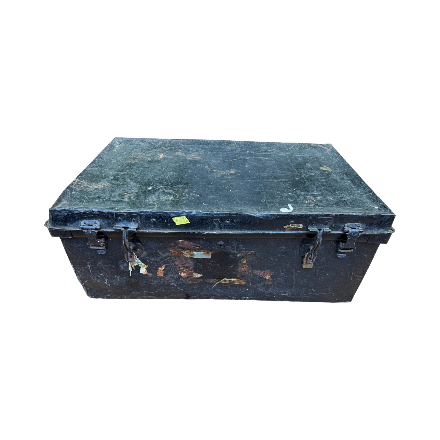 Antique Metal Steamer Trunk - Vintage Industrial Storage Chest Military Tin Box