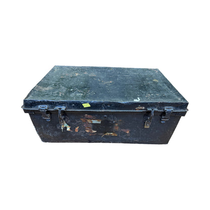 Antique Metal Steamer Trunk - Vintage Industrial Storage Chest Military Tin Box