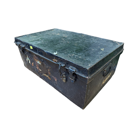 Antique Metal Steamer Trunk - Vintage Industrial Storage Chest Military Tin Box