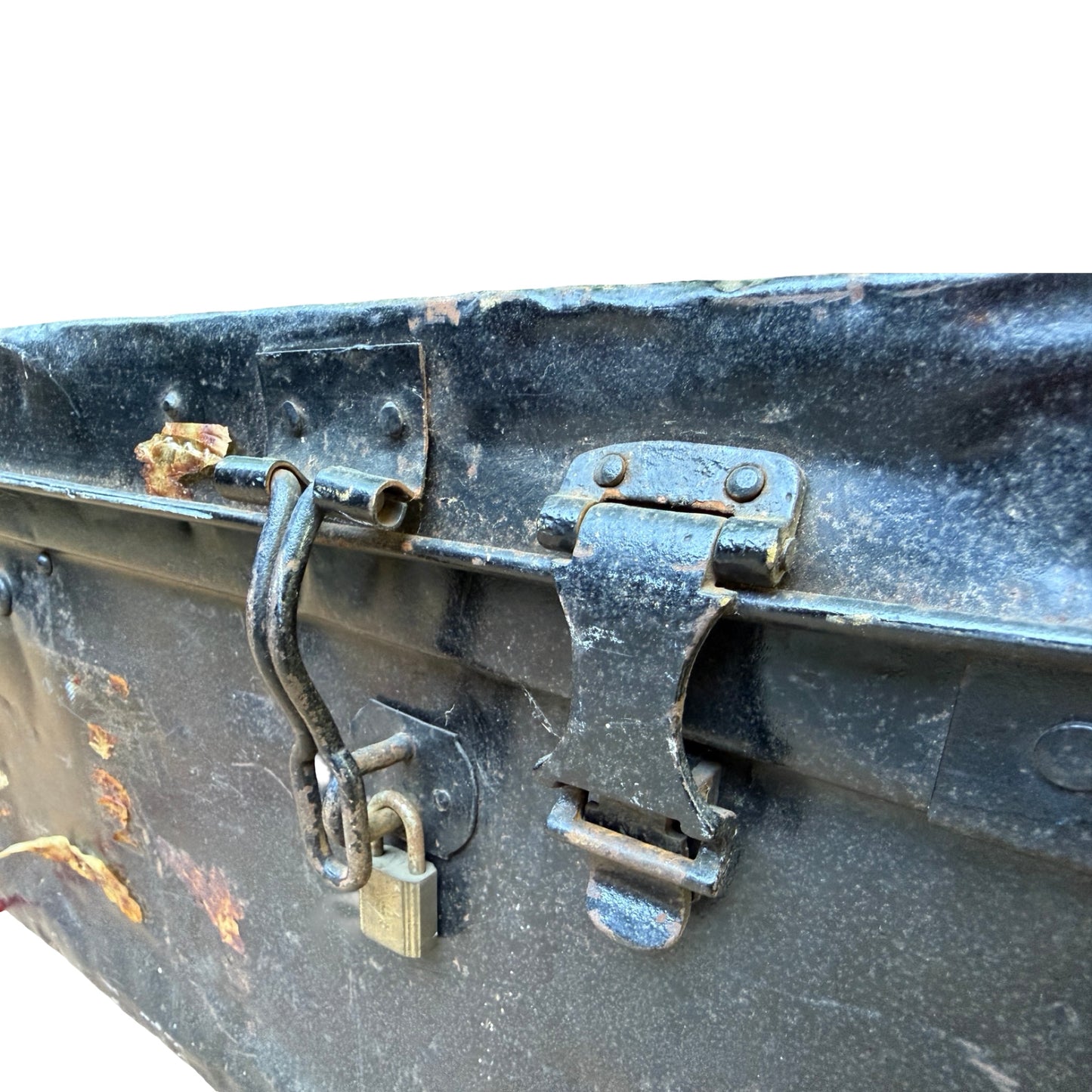 Antique Metal Steamer Trunk - Vintage Industrial Storage Chest Military Tin Box
