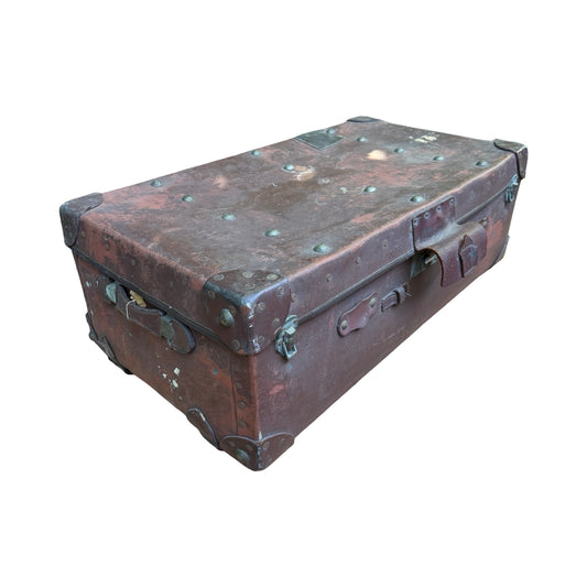Antique Vulcanized Fiber Steamer Trunk - Vintage Industrial Chest Leather Straps