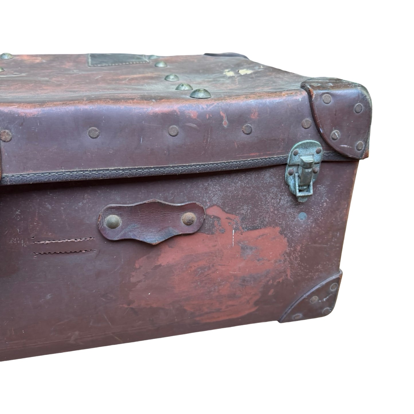 Antique Vulcanized Fiber Steamer Trunk - Vintage Industrial Chest Leather Straps