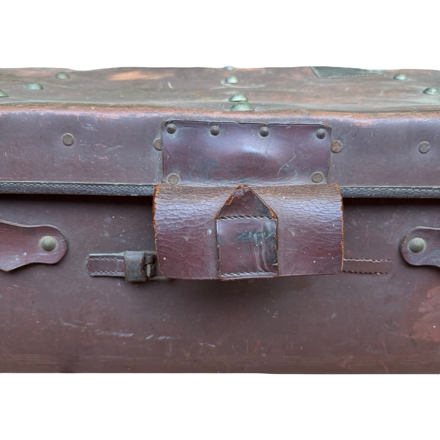 Antique Vulcanized Fiber Steamer Trunk - Vintage Industrial Chest Leather Straps