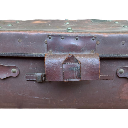 Antique Vulcanized Fiber Steamer Trunk - Vintage Industrial Chest Leather Straps
