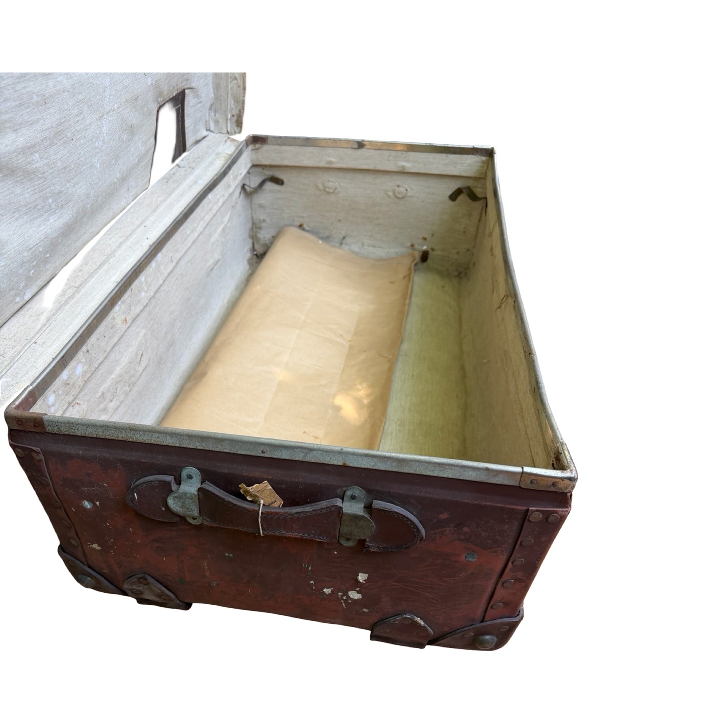 Antique Vulcanized Fiber Steamer Trunk - Vintage Industrial Chest Leather Straps